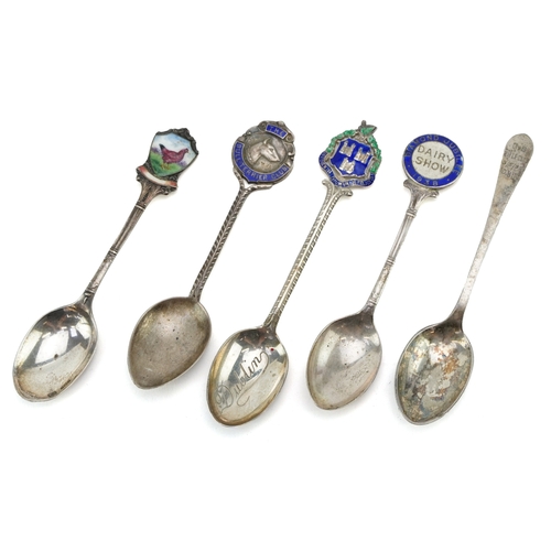 3712 - Victorian and later silver and enamel spoons, the largest 13cm in length, total 78.4g.