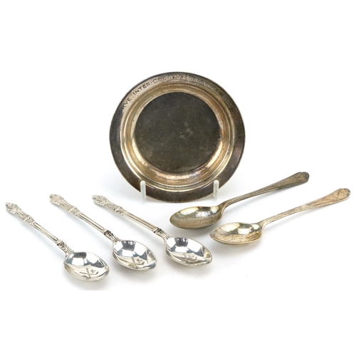 3706 - Edwardian and later silver comprising a circular dish engraved Rye Inter County Foursomes 1965, thre... 