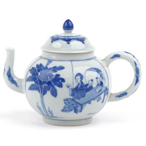 195 - A Chinese blue and white porcelain teapot hand painted with a mother and children playing, six figur... 