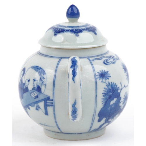 195 - A Chinese blue and white porcelain teapot hand painted with a mother and children playing, six figur... 