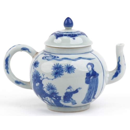 195 - A Chinese blue and white porcelain teapot hand painted with a mother and children playing, six figur... 