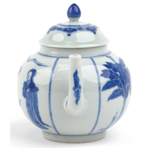 195 - A Chinese blue and white porcelain teapot hand painted with a mother and children playing, six figur... 