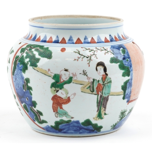 196 - A Chinese porcelain jardinière hand painted in the famille verte palette with Geishas and children p... 