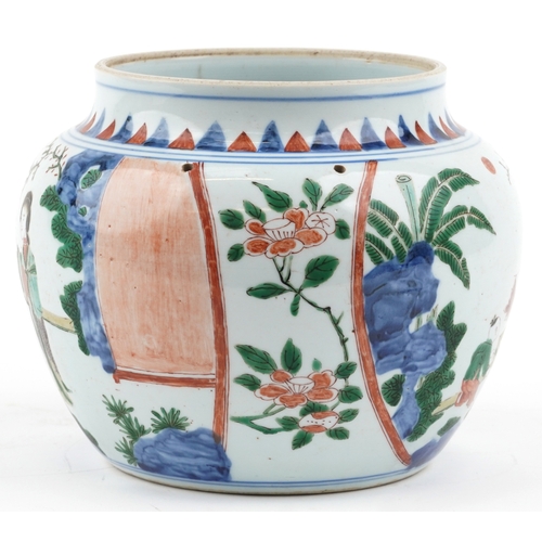 196 - A Chinese porcelain jardinière hand painted in the famille verte palette with Geishas and children p... 