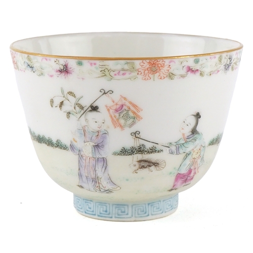 198 - A Chinese Canton porcelain footed finger bowl finely hand painted with children playing and horses, ... 
