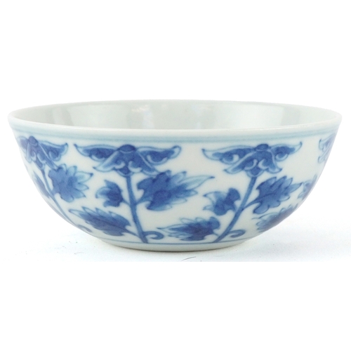 199 - A Chinese blue and white porcelain rice bowl hand painted with stylized flowers, eight figure charac... 