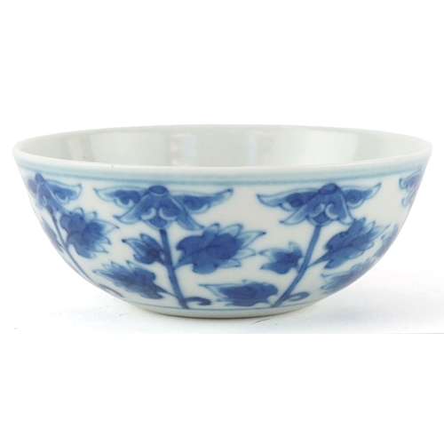 199 - A Chinese blue and white porcelain rice bowl hand painted with stylized flowers, eight figure charac... 