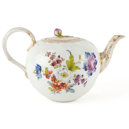 31 - A Meissen 19th century German porcelain teapot hand painted with flowers and a bark design spout and... 