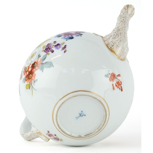 31 - A Meissen 19th century German porcelain teapot hand painted with flowers and a bark design spout and... 