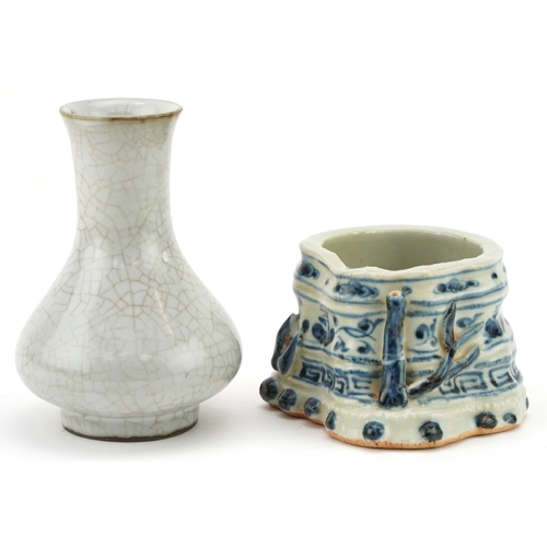 1460 - Chinese porcelain comprising a crackle glazed vase and a blue and white porcelain censer, the larges... 