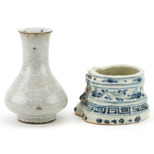1460 - Chinese porcelain comprising a crackle glazed vase and a blue and white porcelain censer, the larges... 