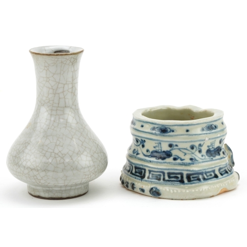 1460 - Chinese porcelain comprising a crackle glazed vase and a blue and white porcelain censer, the larges... 