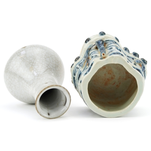 1460 - Chinese porcelain comprising a crackle glazed vase and a blue and white porcelain censer, the larges... 