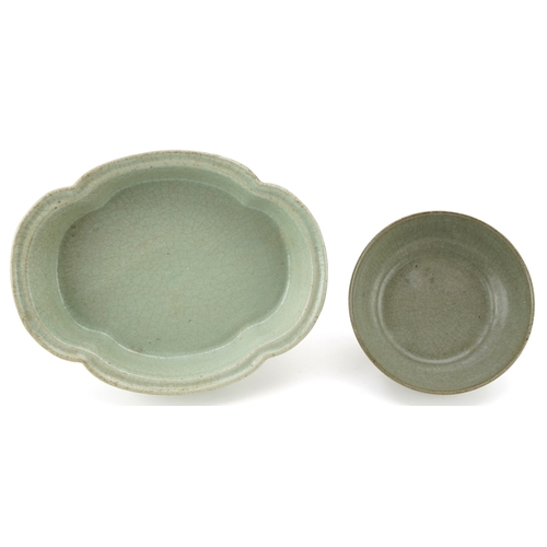 1546 - Chinese celadon crackle glazed porcelain comprising a footed bowl and a censer, the largest 23cm wid... 