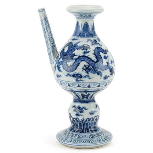 136 - A Chinese blue and white porcelain ewer hand painted with dragons amongst clouds, six figure charact... 