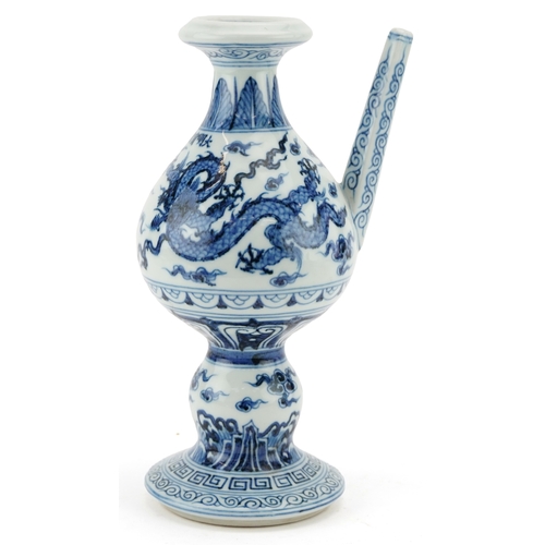 136 - A Chinese blue and white porcelain ewer hand painted with dragons amongst clouds, six figure charact... 