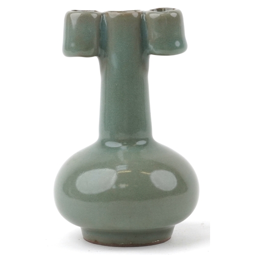 1571 - A Chinese porcelain celadon glaze bottleneck vase with ears, 14cm high.