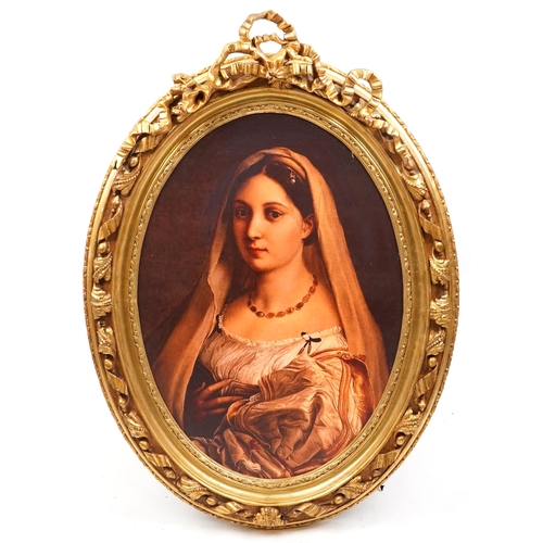 2289A - A large pair of modern oval gilt framed printed portraits, with ribbon surmounts, 137cm x 98cm.