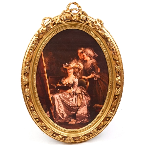 2289A - A large pair of modern oval gilt framed printed portraits, with ribbon surmounts, 137cm x 98cm.