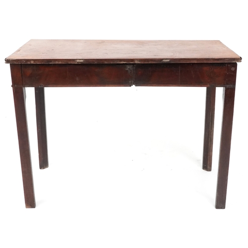 2157 - An early 19th century mahogany side table raised on block legs, (formerly a tea table), 66cm H x 92c... 