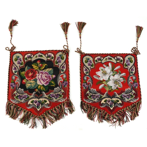 1020 - A pair of mid 20th century embroidery and beadwork pole screen panels with floral decoration, 49cm x... 