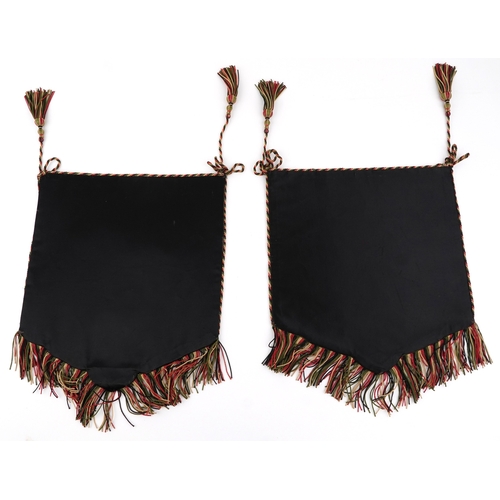 1020 - A pair of mid 20th century embroidery and beadwork pole screen panels with floral decoration, 49cm x... 