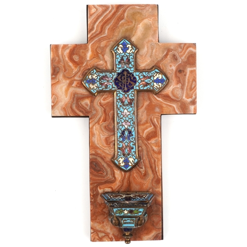 577 - An early 19th century gilt brass, agate and champlevé enamel water font, 23.5cm high.