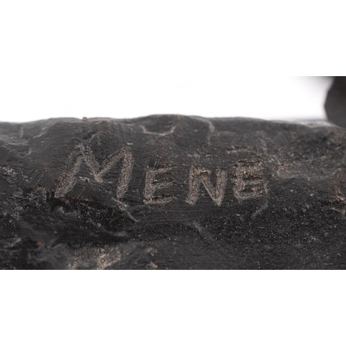 103 - After Mene, a bronze study of a jockey on horseback raised on a black marble base, 37cm in length.