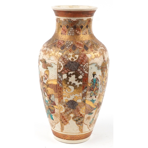 96 - A large Japanese Satsuma earthenware baluster vase with gilt decoration, the opposing panels with fi... 