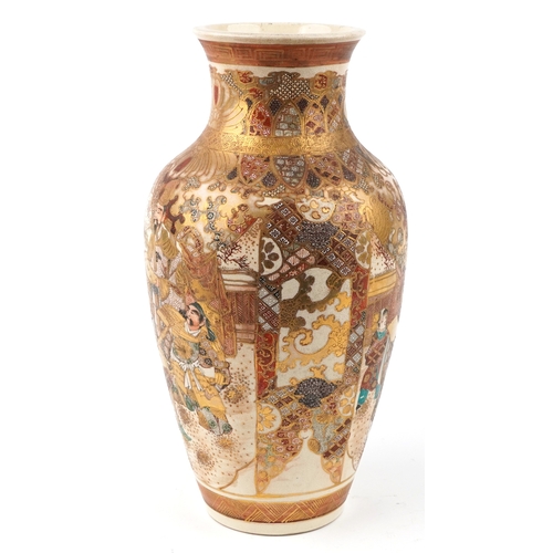 96 - A large Japanese Satsuma earthenware baluster vase with gilt decoration, the opposing panels with fi... 