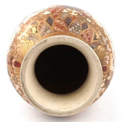 96 - A large Japanese Satsuma earthenware baluster vase with gilt decoration, the opposing panels with fi... 