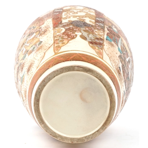 96 - A large Japanese Satsuma earthenware baluster vase with gilt decoration, the opposing panels with fi... 
