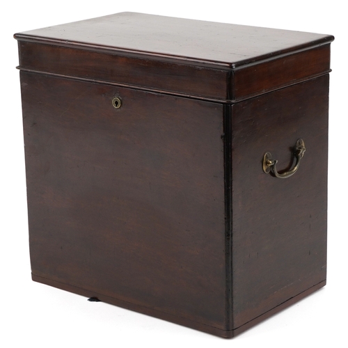 1512 - A late George III mahogany decanter box, the hinged lid revealing six divisions, with applied brass ... 