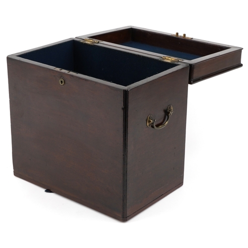 1512 - A late George III mahogany decanter box, the hinged lid revealing six divisions, with applied brass ... 