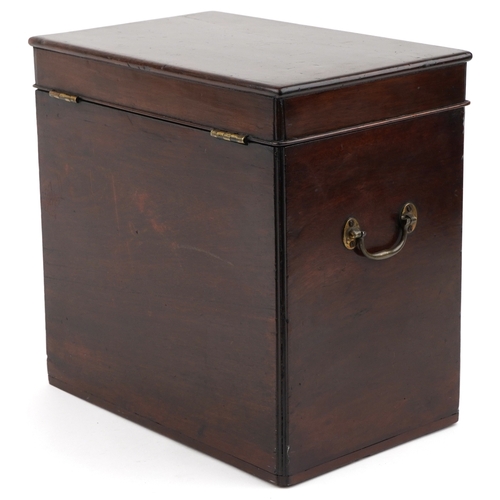 1512 - A late George III mahogany decanter box, the hinged lid revealing six divisions, with applied brass ... 