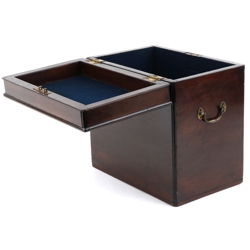 1512 - A late George III mahogany decanter box, the hinged lid revealing six divisions, with applied brass ... 