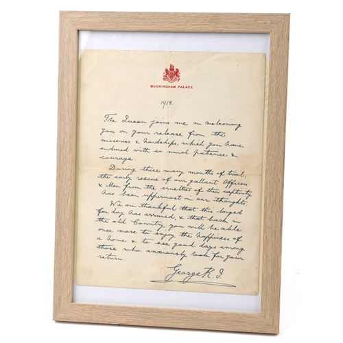 2801 - A World War I military interest printed letter on Buckingham Palace headed paper welcoming the relea... 