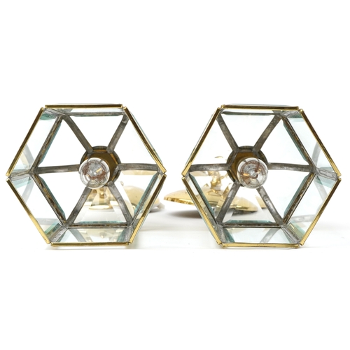 319 - A pair of gilt brass hanging lantern light fittings with bevelled glass panels, 45cm high.