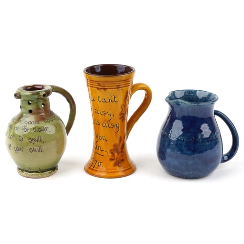 448 - Three pottery vessels including a Baron Barnstaple puzzle jug and Ewenny pottery jug, the largest 19... 