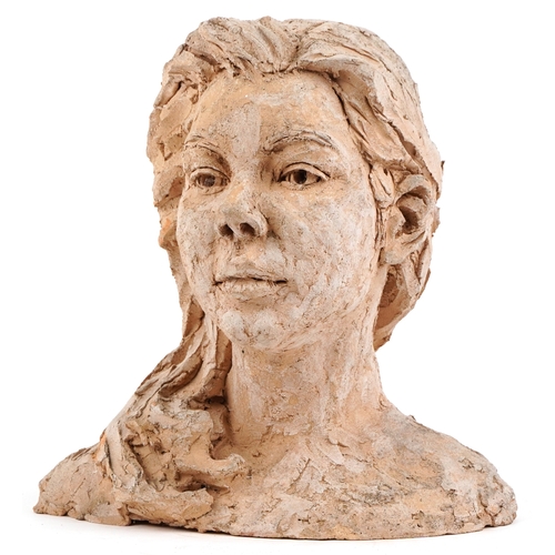 116 - A 20th century pottery head and shoulders portrait bust of a young woman, 33cm high.