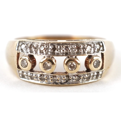 3133 - A 9ct gold diamond three row ring, size Q, 3.9g.