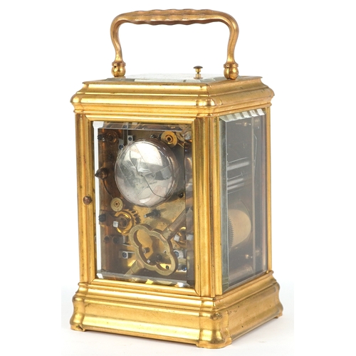 20 - A 19th century French gilt brass Aiguilles repeater carriage clock, the white enamelled dial with bl... 
