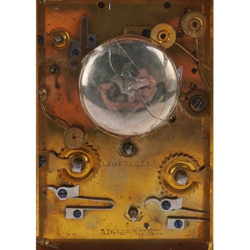 20 - A 19th century French gilt brass Aiguilles repeater carriage clock, the white enamelled dial with bl... 