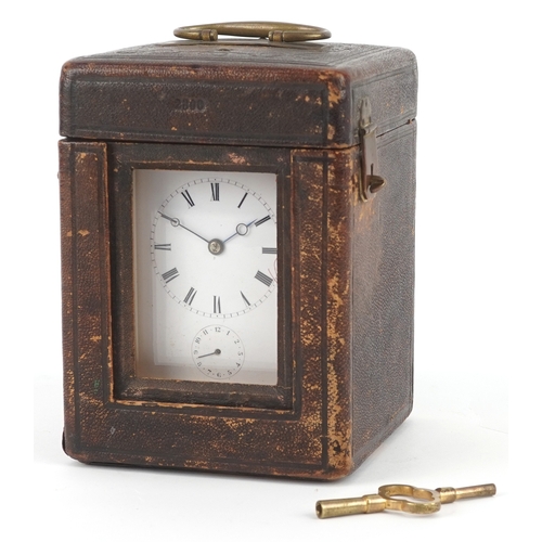 20 - A 19th century French gilt brass Aiguilles repeater carriage clock, the white enamelled dial with bl... 