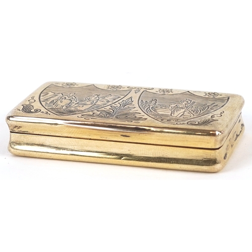 3591 - A 19th century Dutch silver gilt snuff box with engraved decoration, bearing marks to the interior, ... 