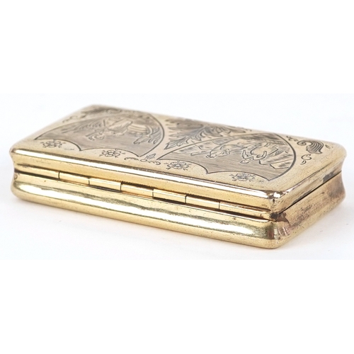 3591 - A 19th century Dutch silver gilt snuff box with engraved decoration, bearing marks to the interior, ... 