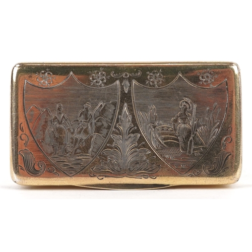 3591 - A 19th century Dutch silver gilt snuff box with engraved decoration, bearing marks to the interior, ... 