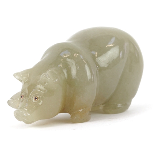 472 - A Russian green jade carving of a bear, with gold and diamond inset eyes, within a pine box with a F... 