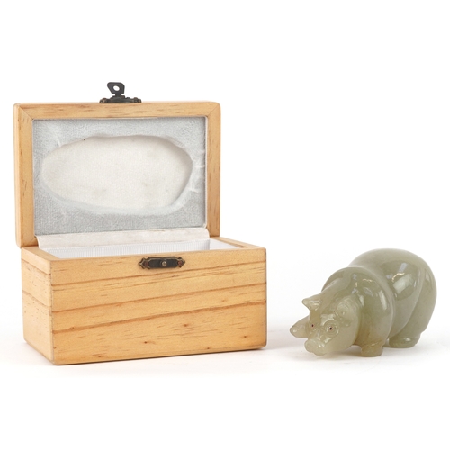 472 - A Russian green jade carving of a bear, with gold and diamond inset eyes, within a pine box with a F... 