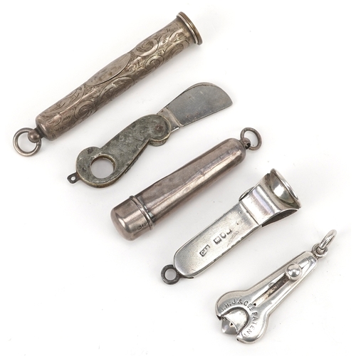 3686 - Antique silver chatelaine tools including an engraved cased snuff spoon, Birmingham 1912, a cigar cu... 